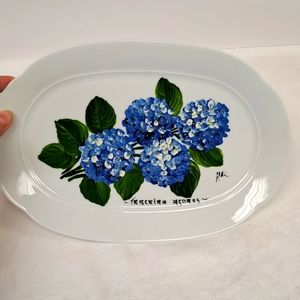 Artist signed hand painted hydrangeas design oval  platter